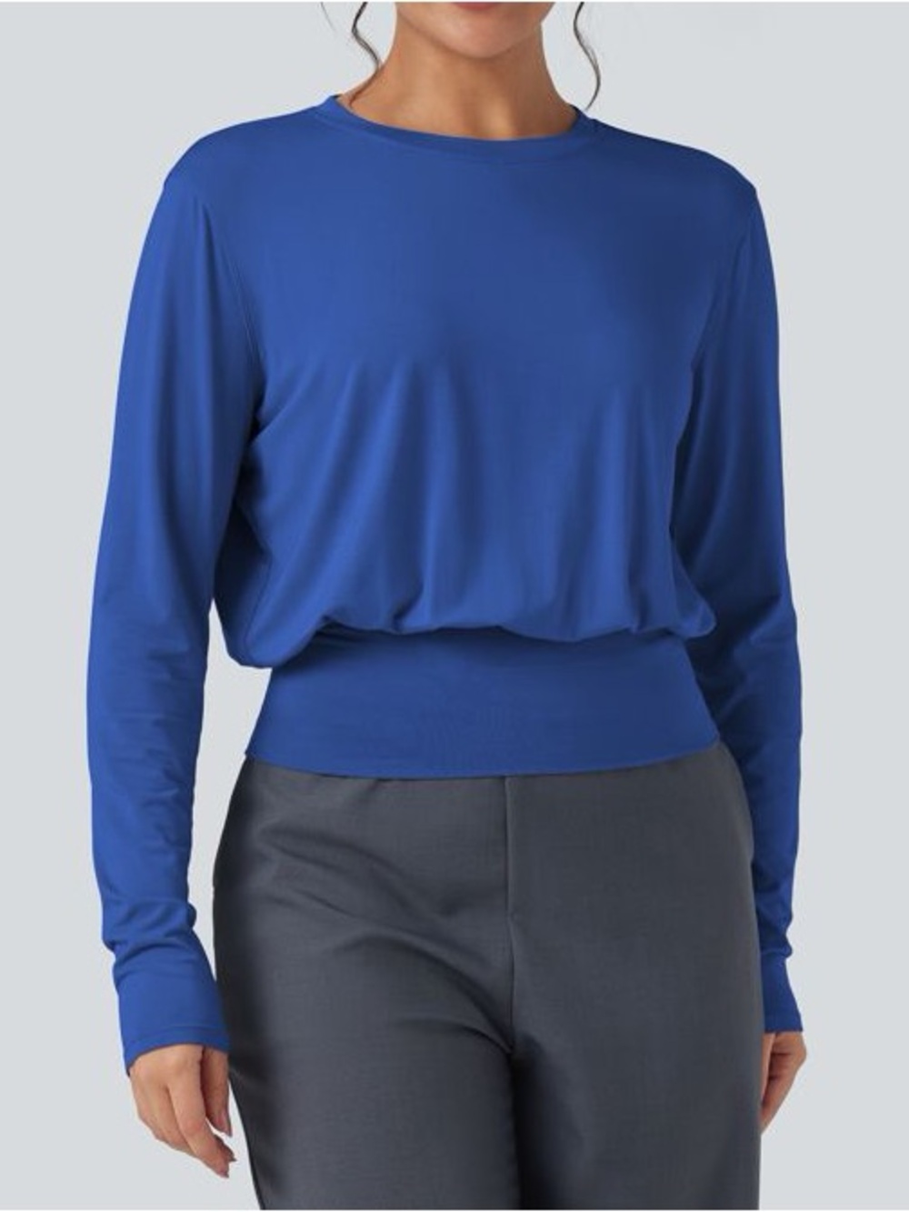 Halara Top Womens Large Blue Round Neck Long Souchy Sleeve‎ Gathered Waist